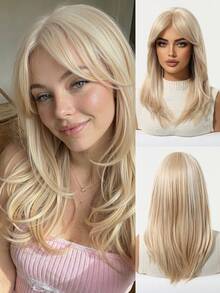 Tóc giả dài màu vàng kim có mái cho nữ, được làm từ sợi tổng hợp chất lượng cao, có lưới hoa hồng, thiết kế rẽ ngôi giữa, phù hợp cho thời trang hàng ngày và các dịp như Halloween, Giáng sinh. - Vàng - Xem 12