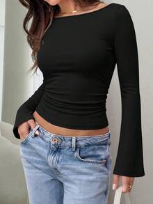 Womens Long Sleeve Shirts Spring Crop Going Out Tops Casual Boat Neck Bell Sleeve Ribbed Ruched Y2K Clothes - Black - View 4
