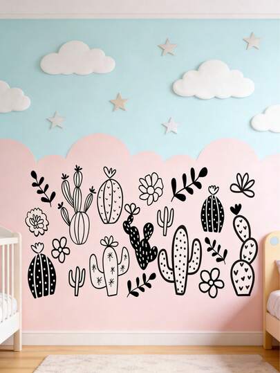1pc Cute Cartoon Cactus Plant Wall Sticker, Retro Black And White Style, Isolated Natural Desert Plant, Easy To Apply And Remove Without Residue, Suitable For Bedroom, Living Room, Hallway And Entrance Decor