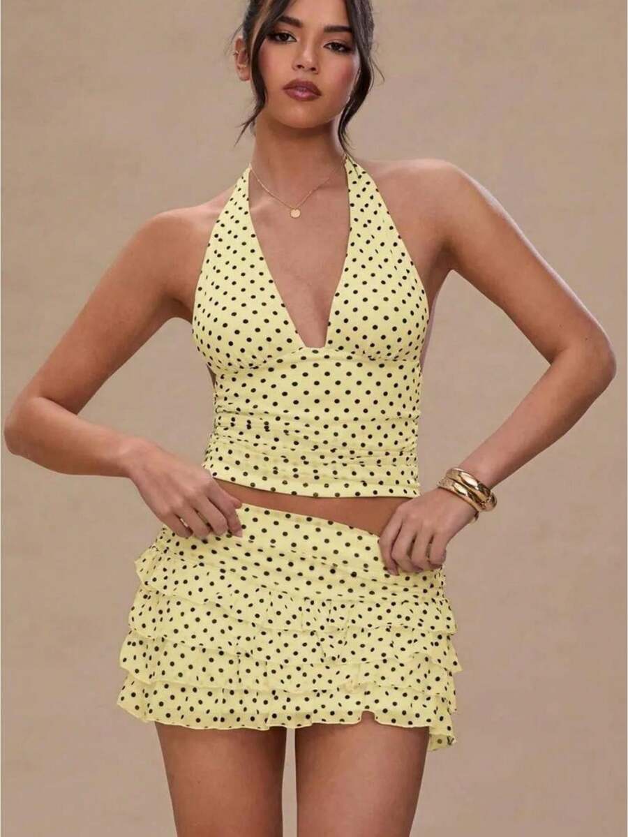 Women Polka Dot Outfits 2 Piece Skirt Sets Vintage Halter V-Neck Top And Ruffle Layered Mini Skirt Summer Y2k Outfits - Màu vàng - Xem 1