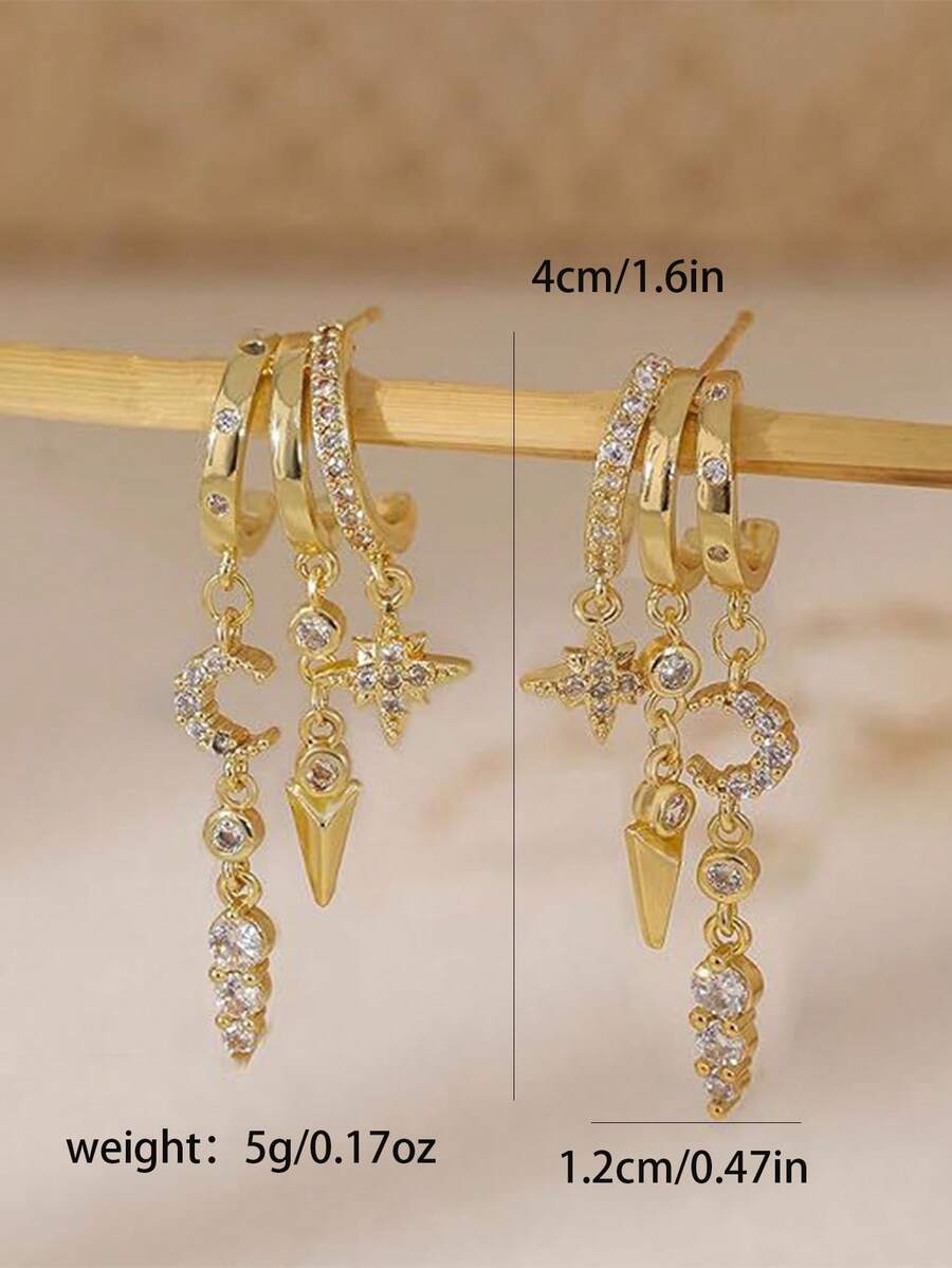 一对时尚奢华不对称流苏立方氧化锆黄铜镀金耳环，适合派对、度假、送礼和日常佩戴