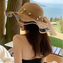 1pc Bow Tie Pearl Ribbon Outdoor Beach Sun Protection French Style Straw Hat, Suitable For Vacation And Travel - Khaki - View 4