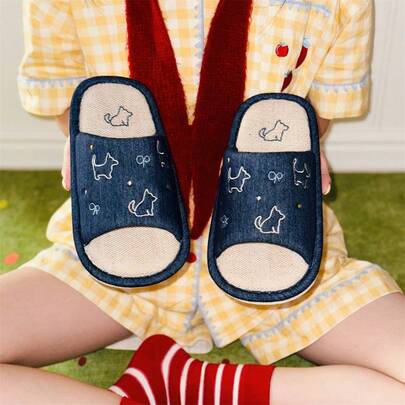 XIXITIAO 1双刺绣小狗蝴蝶结软底透气拖鞋，舒适室内休闲卡通拖鞋