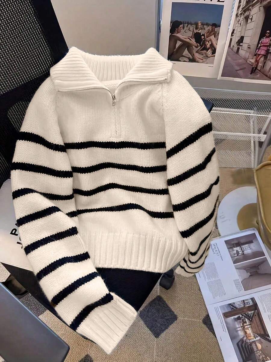 Áo len nữ tay dài cổ bẻ kẻ sọc phối màu tương phản, kiểu dáng thường ngày, hàng mới về. - Màu be - Xem 1