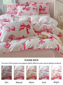2/3pcs Pink Bow Printed Polyester Duvet Cover Set, Cute Bedroom Bedding Set For All Seasons, Zipper Closure, Machine Washable (1 Duvet Cover + 1/2 Pillow Shams)
