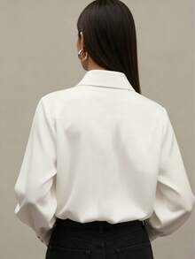 Women's Elegant Pointed Collar Button-Up Long Sleeve Shirt White Spring - White - View 4