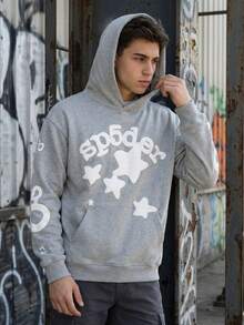 1pcs-Spider Wed Fashion Hip-Hop Printed Flower Hooide European And American Brand Large-Sized Loose Men's And Women's Hooded-280g Pure Heavy 100%Polyester - Màu Xám nhạt - Xem 2