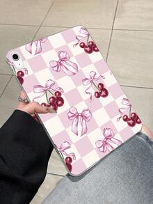 Aesthetic Style Pink & White Checkered, Bow & Cherry Pattern Transparent Tablet Case, Compatible With IPad A16, IPad 10.2 7th Gen 2019, IPad Pro 11-Inch 2020, IPad Air 5th Gen 2022, Suitable For 10th Gen IPad - Clear - View 3