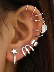 Women's 6-Piece Ear Cuff Set | Golden & Silvery Plated Non-Piercing Ear Climbers - Yellow Gold - View 4