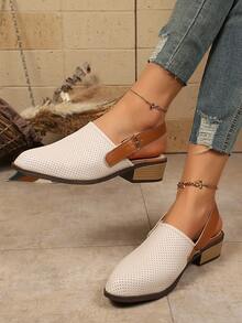 Chunky Heel Closed Toe Buckle Sandals, Fashionable Mid-Heel Hollow Breathable Slide Sandals - Beige - View 2