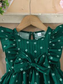 Vestito multicolore a margherite per bambine, senza maniche con grande fiocco, outfit carino per bambine - Verde Scuro - Visualizzare 3