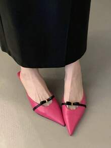Pointed Toe Elegant Thin Heel Leather Casual Slip-On Criss-Cross Strap Mule Sandals - Hot Pink - View 2