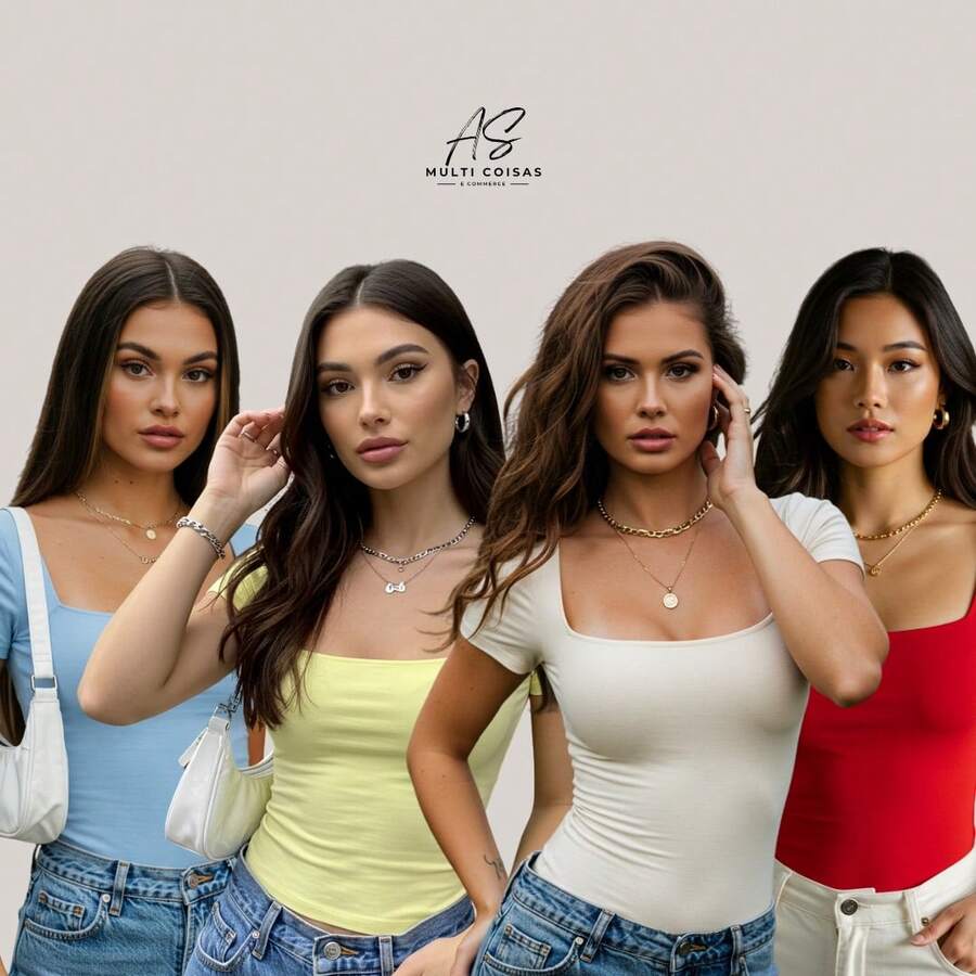 Set Of 4 Baby Look Blouses With Double Front Lining And Square Neckline. Simple. None. Vacation. Beach. - 藍/黃/米白/紅 - 查看 1