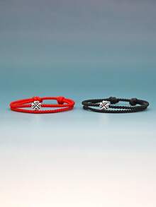 1pc Adjustable Handmade Red Four-Leaf Clover Bracelet, Unisex Lucky Rope Jewelry Accessory, Minimalist Design - Red - View 2