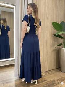 Comfortable, Loose-Fitting Midi Dress With Three Tiers For Summer, Short Sleeves, 100% Cotton Viscose/Lycra Knit, Elegant, Modest. - 藏蓝色 - 查看 2