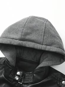 Retro Men's Hooded PU Leather Jacket, Double Zipper Motorcycle Style Coat With Ribbed Cuffs, Water-Resistant Windbreaker With Functional Pockets For Daily & Outdoor - màu đen - Xem 5