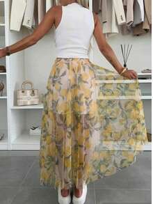 优雅女士时尚休闲派对可爱独特柠檬印花连衣裙/半身裙，透气夏季款 - 黃色 - 查看 5