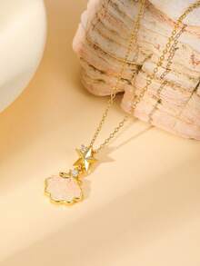 Teenage Pink Crystal Sweet Element Necklace, Moon Butterfly Ginkgo Pendant, Gold Semi-Precious Stone Delicate Choker Necklace, Daily Sweet Style Accessory - Gold - View 10