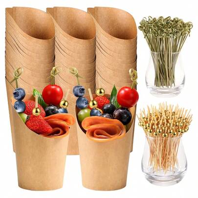 50pcs/Set Linked Food Cups, Approx. 12oz (340.2g) Paper Snack Appetizer Cups With Cocktail Picks, Brown Kraft Paper Fry Trays, Disposable Popcorn Cone Cups, Party Favors (50 Cone Cups + 100 Picks)