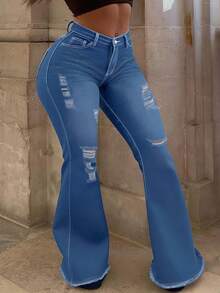 Plus Size Women's Mid-Rise Flared Jeans, Sexy Ripped Elastic Raw Hem Denim Flared Pants, Casual Wear Fashion Trousers - Medium Wash - View 1
