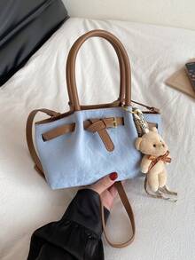 复古撞色手提包，时尚单肩包，独特个性化斜挎包，带吊坠，适合购物、装钱包，适合年轻女性、大学生、新手、白领人士。是办公室、大学、工作、商务、通勤、户外活动、旅行和野餐的理想之选。 - 彩色 - 查看 16