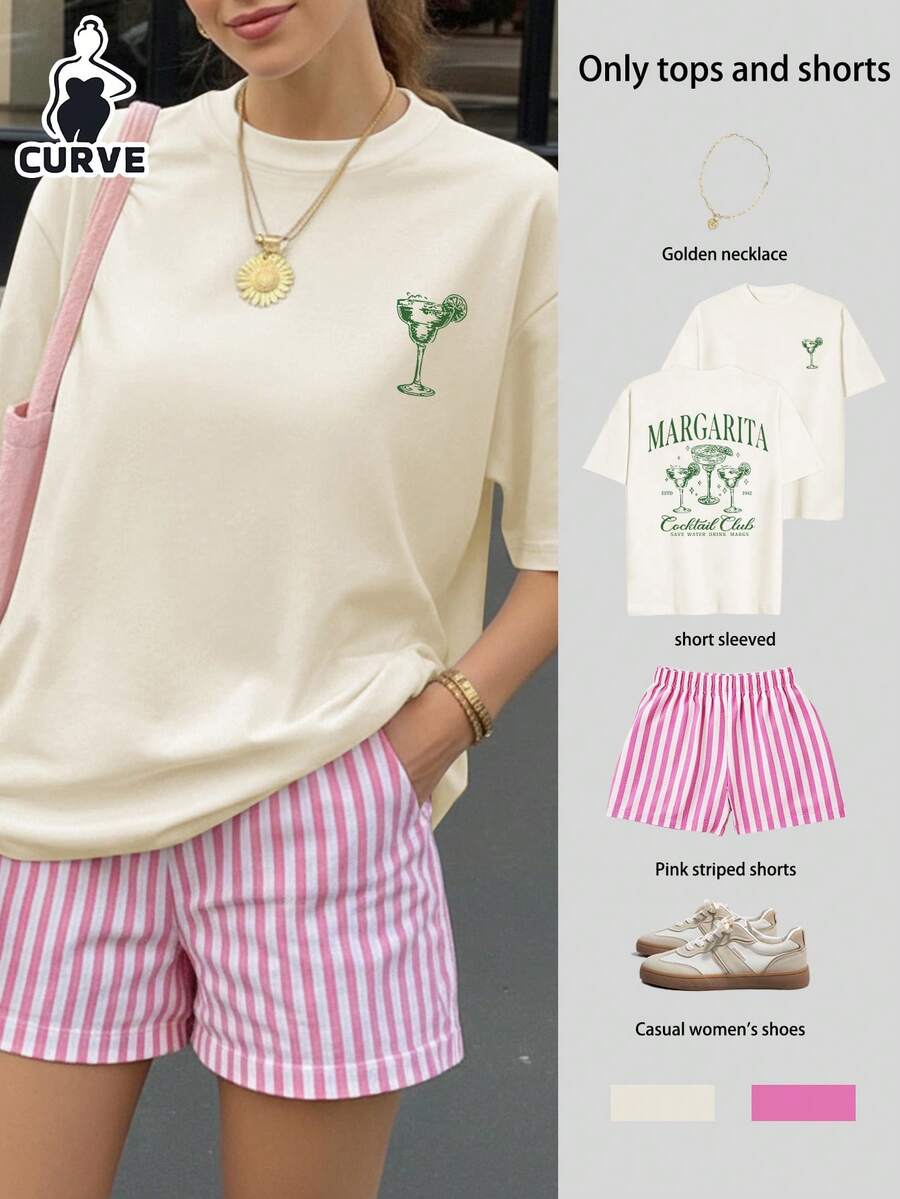 Bộ đồ thể thao cỡ lớn gồm áo thun ngắn tay in chữ và hình ảnh đồ uống, kết hợp với quần short kẻ sọc, kiểu dáng thanh lịch. - Màu be - Xem 1