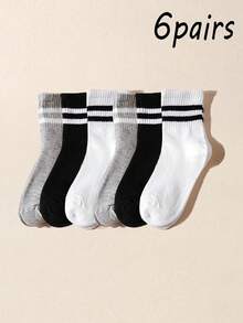 6 Pairs Kids/Students Double Bar Sports White Socks, Casual Athletic Socks For Boys And Girls, Suitable For Spring, Summer, Autumn And Winter Daily Wear - Multicolor - View 8