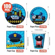 100/25/10pcs Blue Theme Disposable Plates Napkins Cups, Disposable Party Supplies Set, Suitable For 25 Guests, Disposable Paper Plates Party Tableware Suitable For Birthday Wedding Theme Party Family Picnic - Multicolor - View 2