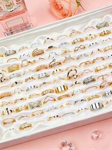 22/33/44件装精致时尚可爱镂空男女童戒指，花朵、蝴蝶、爱心、水钻、仿珍珠等款式随机，节日派对礼物，日常佩戴饰品 - 水鑽鏤空珍珠戒指 - 查看 2