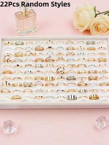 22/33/44件装精致时尚可爱镂空男女童戒指，花朵、蝴蝶、爱心、水钻、仿珍珠等款式随机，节日派对礼物，日常佩戴饰品 - 水鑽鏤空珍珠戒指 - 查看 10