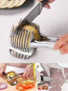 1个不锈钢番茄柠檬切片器支架，圆形水果洋葱切丝器切割器导向夹带手柄，厨房土豆青柠食材架 - 彩色 - 查看 4