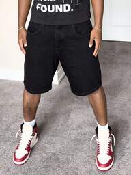 Schwarze kniehohe, locker geschnittene gerade Jeans-Shorts für Herren, alltagstaugliches, lässiges Design, vielseitig tragbar, Sommer
