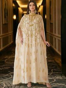 Elegant Pearl Embroidered Batwing Sleeve Long Abaya With Stand Collar - Apricot - View 7