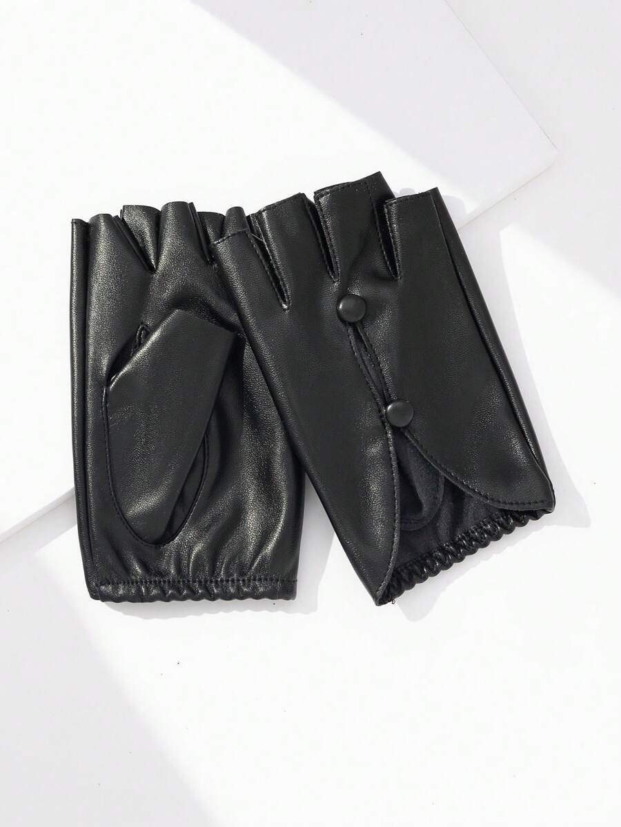 1双女士多色皮革双排扣装饰露指弹力袖口优雅手套，适合休闲装扮