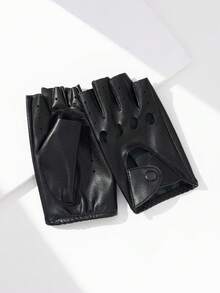 1 Pair PU Leather Hollow Breathable Rivet Decor Half Finger Fingerless Gloves, Snap Button Design, Stylish For Streetwear, Commute, Daily Wear - Black-146 - View 4