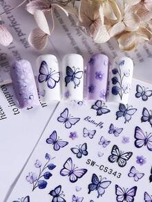 2 piezas Pegatinas de arte de uñas con mariposa y flor en morado y negro, Decoraciones de uñas adhesivas de primavera, Fácil de usar para salón de uñas o en casa - Multicolor - Ver 7