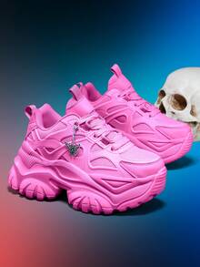 7厘米厚底EVA粉色女士休闲运动鞋，四季皆宜，可拆卸银色蝴蝶吊坠，暗黑仙女风Y2K滑板厚底运动鞋，大码 - 粉色 - 查看 12