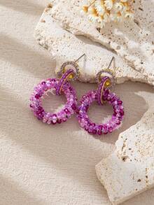 一对波西米亚复古串珠多层吊坠耳环，手工制作的多层圈形设计，饰以人造水晶，适合节日、派对和日常佩戴，完美融合了手工技艺、复古魅力和现代风格，旨在让您在任何场合都成为焦点，纯手工制作，形状、颜色和图案位置略有不同。 - 紫丁香色 - 查看 4