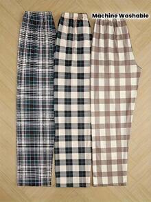 女士经典格子阔腿裤，蝴蝶结睡裤，三件套休闲家居服套装，春夏款 - 彩色 - 查看 2