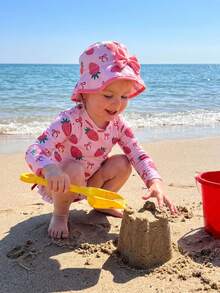Toddler Girl Strawberry Swimsuits Watermelon Peach Rash Guard Infant Baby Bow Print Long Sleeve Ruffled Bathing Suit With Swim Hat - Pink - View 3