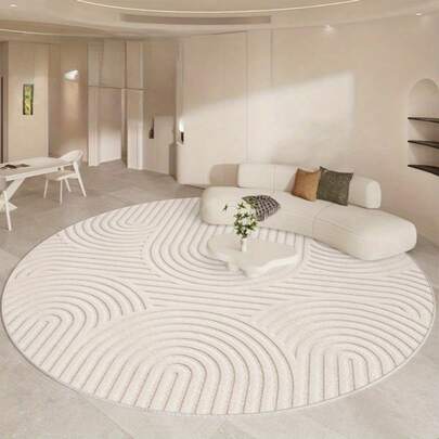 Tapis de sol rond de style français de luxe - Tapis polyester doux, lavable et antidérapant avec des lignes décoratives pour le salon ou la chambre à coucher, épaisseur de 9 mm, 1000 g, couleur beige clair/crème, fabriqué à la machine, parfait pour la décoration intérieure moderne, tapis de salon | Tapis de zone élégant | Tapis à poils longs, tapis pour le salon