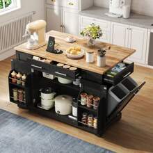 138 Cm, Modern Kitchen Table With Folding Worktop, Low-Noise Casters, EU Plug, Adjustable Shelf And Removable Bin – Black Wood Look