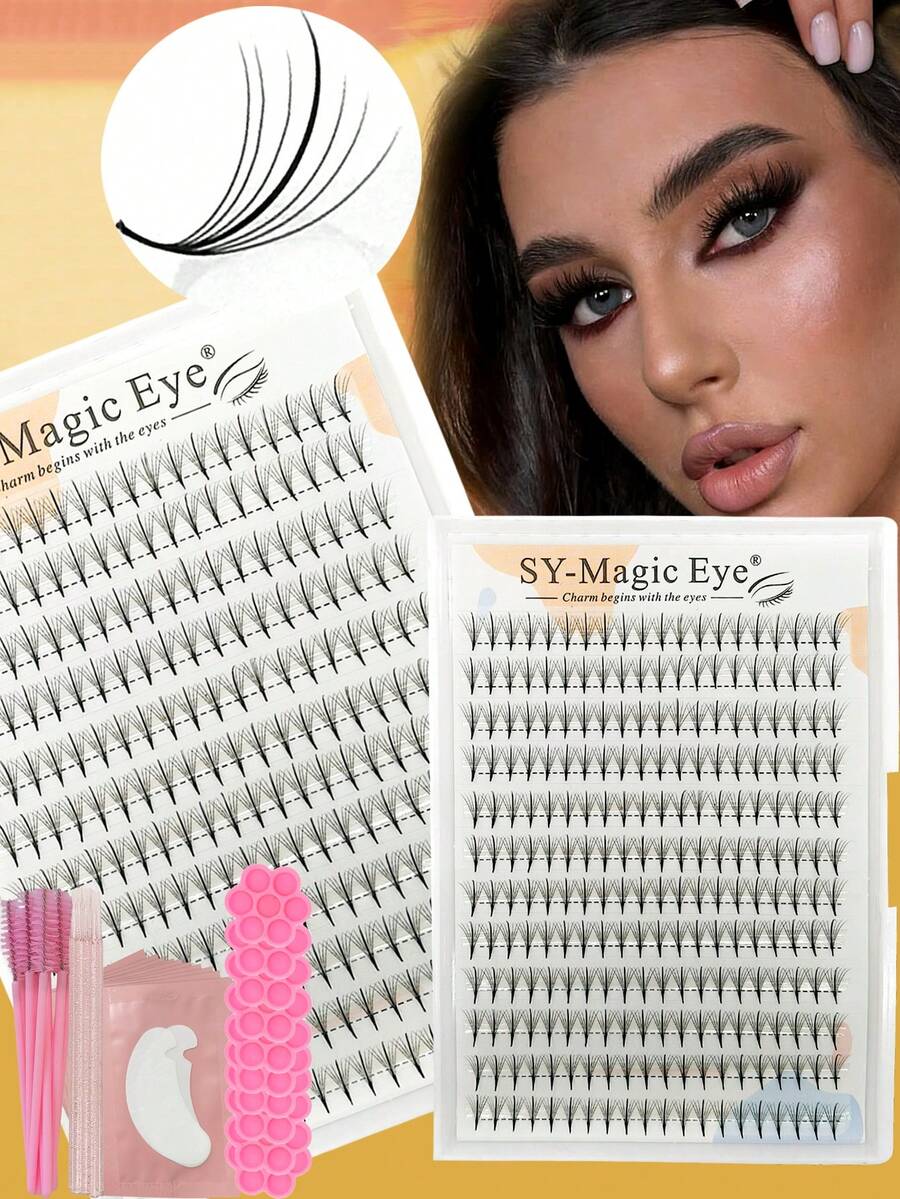 1 Box 240 Cluster False Eyelashes, Wispy Spike Premade Fans, Pointy Base, 10D, Thickness 0.07mm, C/D Curl, 8-15mm/Mixed Length, Soft And Lightweight False Eyelashes Suitable For Beginners, With 10pcs Eye Pads, 10pcs Eyelash Brushes, 10pcs Adjustment Rods, 10pcs Glue Cups - Black - View 1