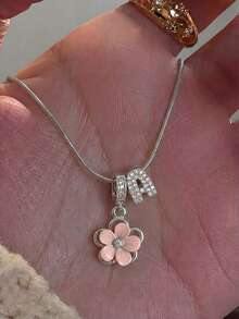 1pc Sweet Beautiful Fashion Pink Five-Leaf Flower & Full Zirconia Initial Letter Charm Stainless Steel Snake Chain Necklace For Girls Kids Cute Stylish A-Z English Alphabet Necklace For Daily Wear Jewelry Accessory Birthday Gift - Pink - View 2