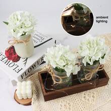 Bohemian Fall Mason Jar Floral Arrangements, Living Room Decorative Vases, Dining Room Ornaments, With String Lights - Centerpieces On A Rustic Wooden Tray, Thanksgiving Artificial Rose Bouquet Table Decoration, Farmhouse-Style Ladies' Gift. - trắng - Xem 3