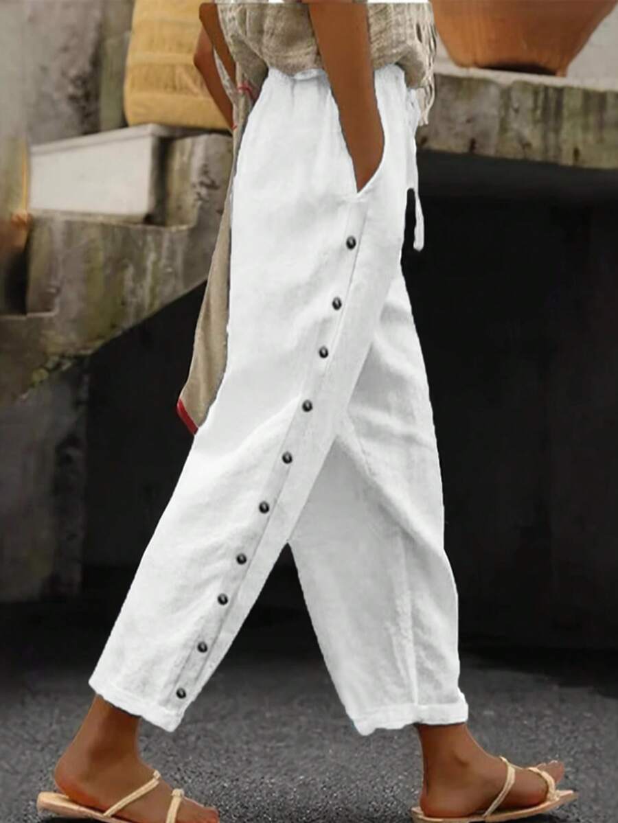 Women's Solid Color Elastic Waist Drawstring Side Button Pocket Casual Pants, Suitable For Daily, Home And Outdoor Occasions Spring White - White - View 1