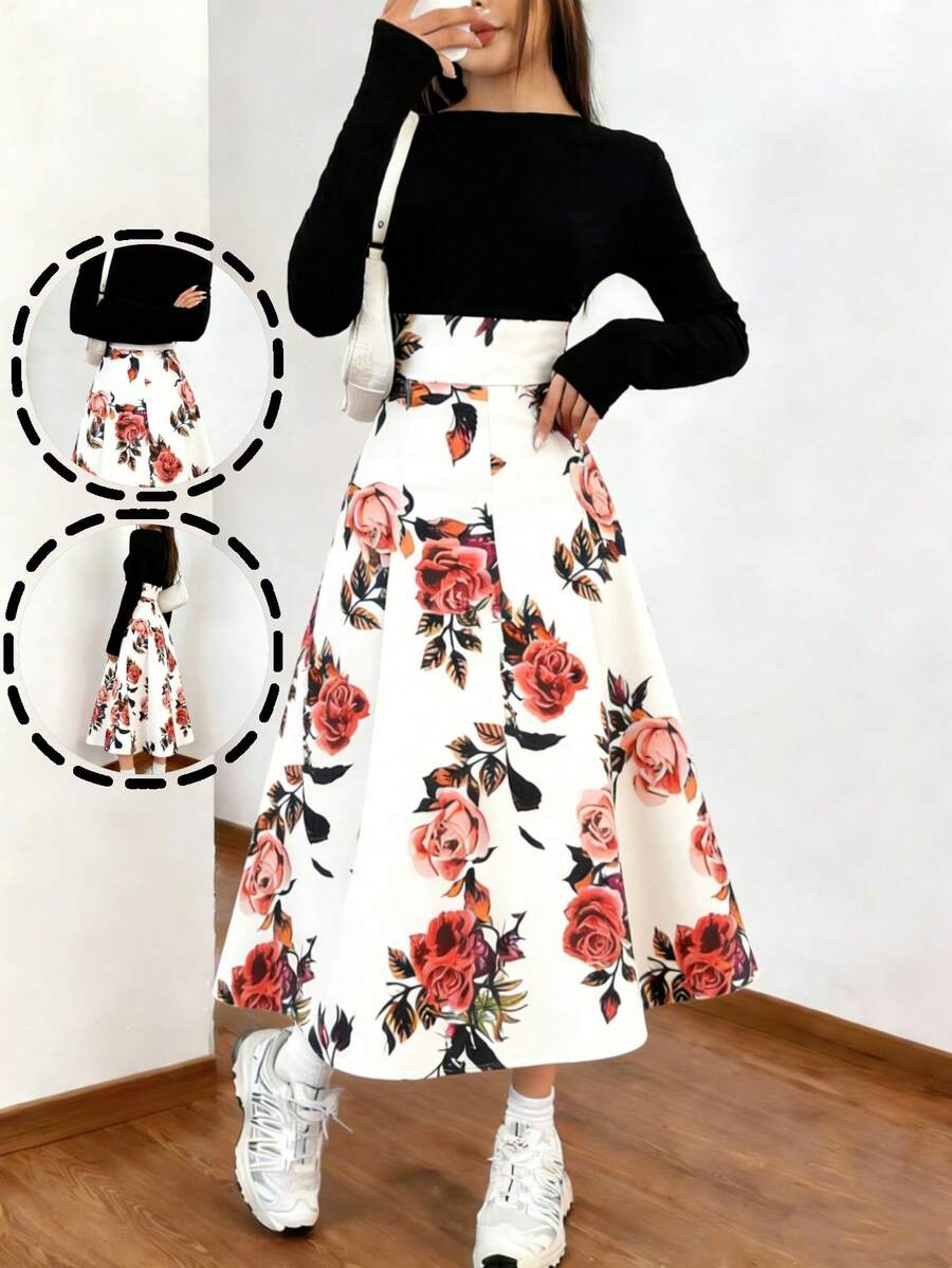 Women's Long Sleeve Floral Dress, Women's Round Neck Hawaiian Long Dress, Women's Stretch Dresses, Floral Holiday Party Dresses, Skirts, Casual Long Dresses - 黑色 - 查看 1