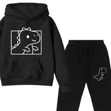 Children's Dinosaur Printed Sweatshirt And Sweatpants Set For School - 黑色 - 查看 2