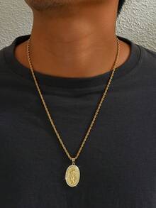 1pc Men's 18K Gold Plated Zirconia Inlaid + Embossed St. Jude Medallion Pendant Necklace, Fashionable Sparkling Rhinestone Men's Jewelry, 3D St. Jude Statue Religious Necklace, Suitable For Daily Street Hip-Hop Outfits And Believers Gatherings - Gold - View 6