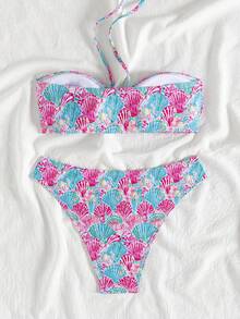 wohenmeili Shell Print Bikini Set For Beach Vacation - White Background With Red and Blue - View 6